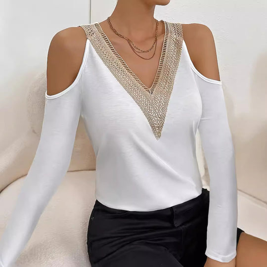 Damen elegantes Langarmshirt mit dekorativem Ausschnitt EB