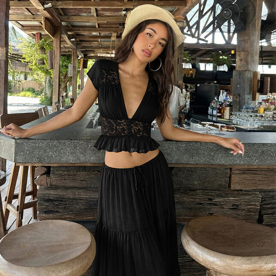 Damen Elegantes Maxikleid mit Spitzenoberteil und fließendem Saum EB