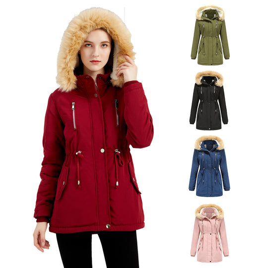 Damen modische Outdoor-Jacke mit abnehmbarem Kunstfellkragen und elastischem Taillenzug EB