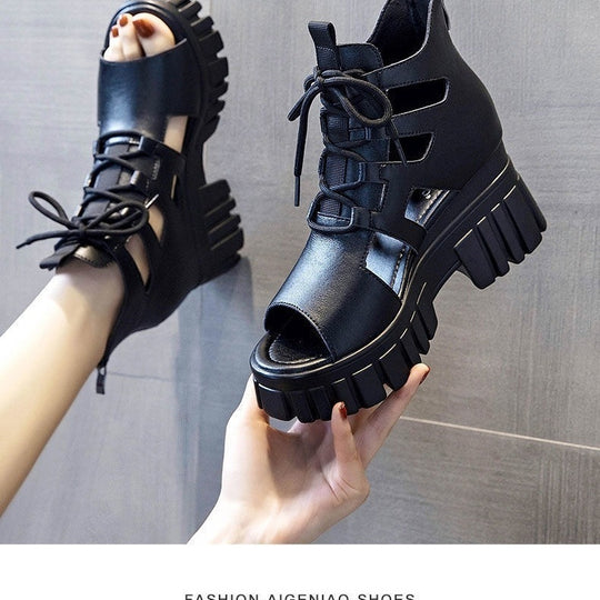 Damen Hochfrontige Schnürsandalen mit robustem Blockabsatz EB
