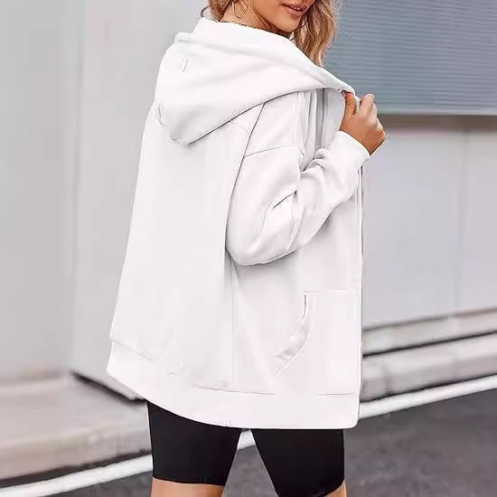 Damen nan oversized Zip-Kapuzenjacke mit kontrastierendem Reißverschluss, doppellagiger Kapuze und Kängurutasche EB