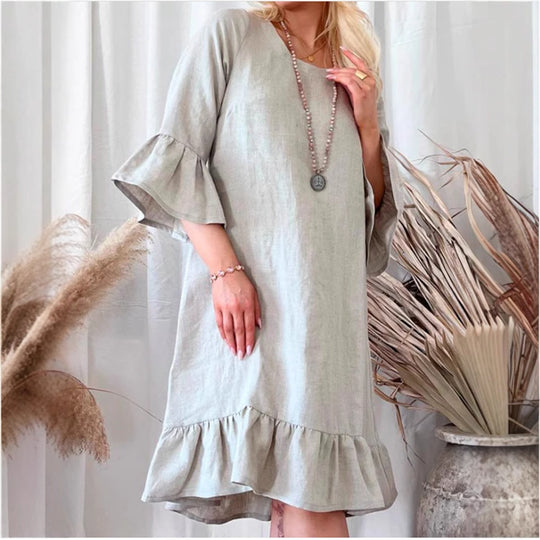 Damen Leichtes Leinenkleid mit Rüschendetails und weitem Schnitt EB