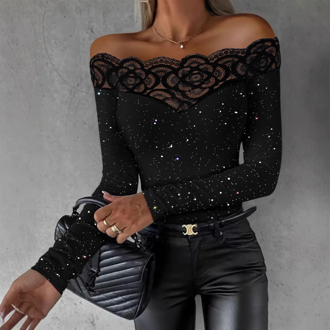 Damen Oberteil mit transparentem Spitzenbesatz und modischem Galaxie-Design EB
