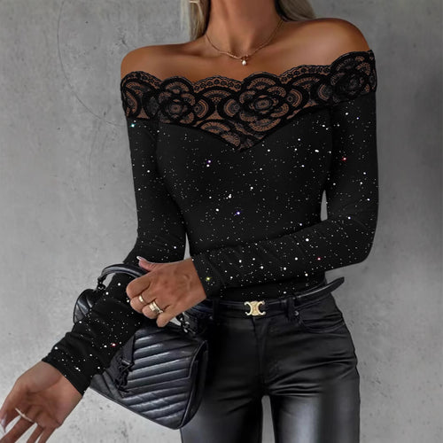 Damen Oberteil mit transparentem Spitzenbesatz und modischem Galaxie-Design EB