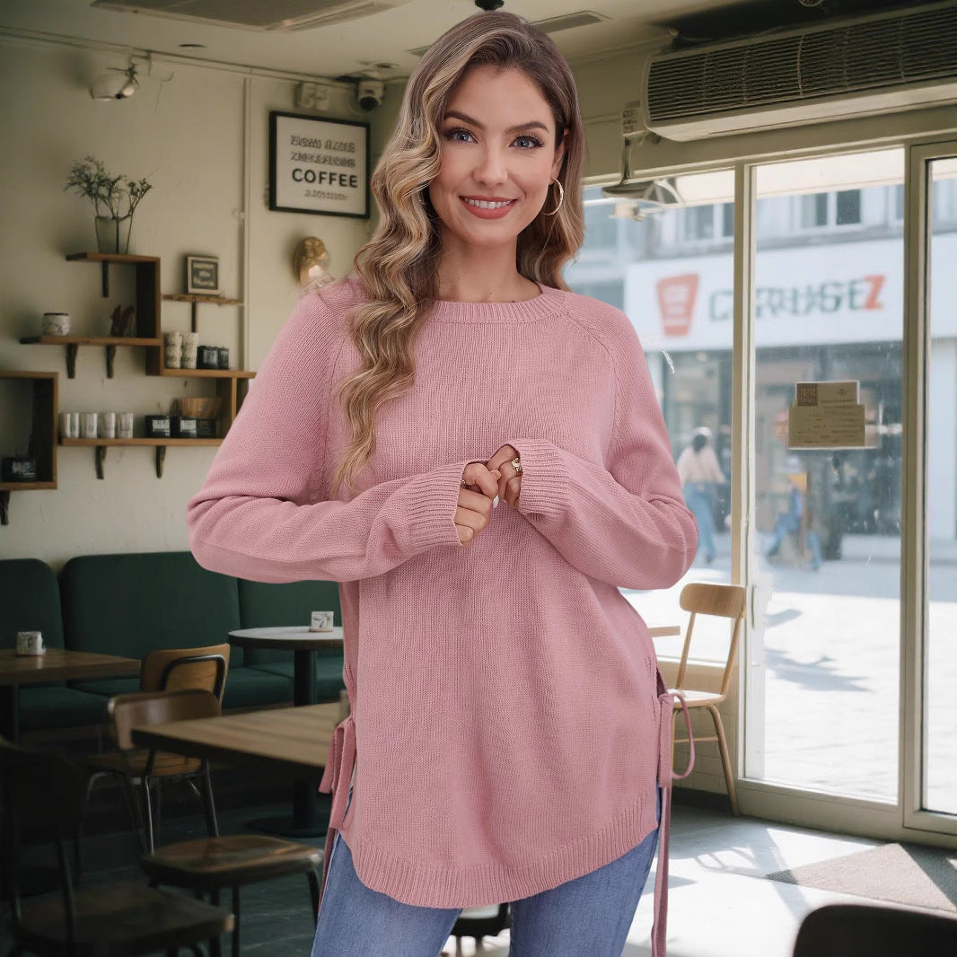 Damen modischer Pullover mit seitlichen Bindebändern EB