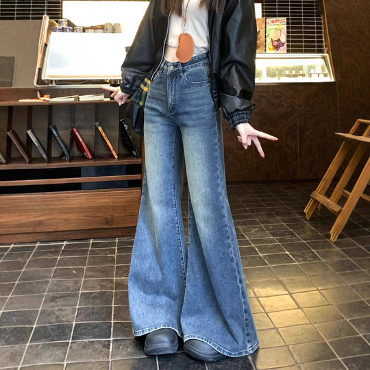 Damen weit geschnittene Flared-Jeans mit hohem Bund und modischem Design EB