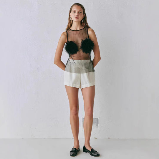 Damen Transparente Bluse mit voluminösen Rüschen EB