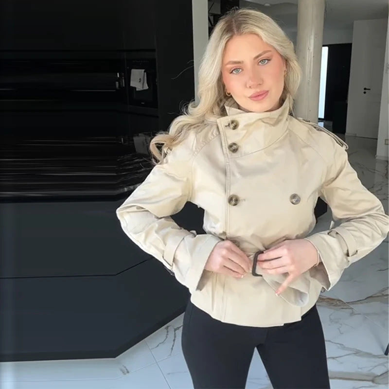 Damen Eleganter Kurz-Trenchcoat mit doppelter Knopfleiste und Taillengürtel EB