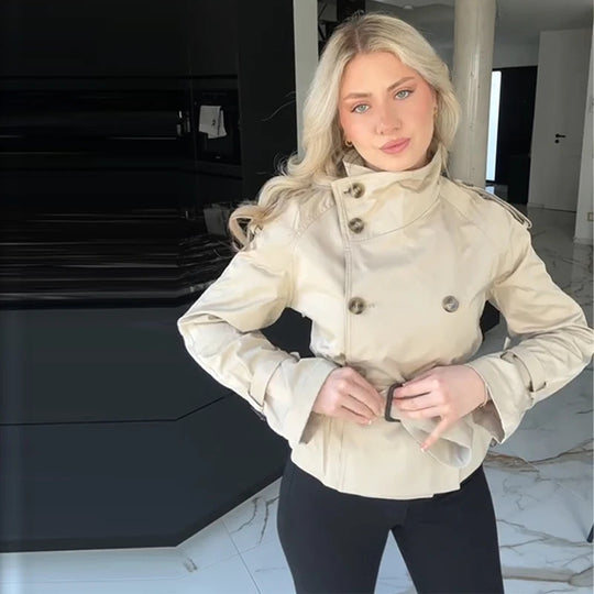 Damen Eleganter Kurz-Trenchcoat mit doppelter Knopfleiste und Taillengürtel EB