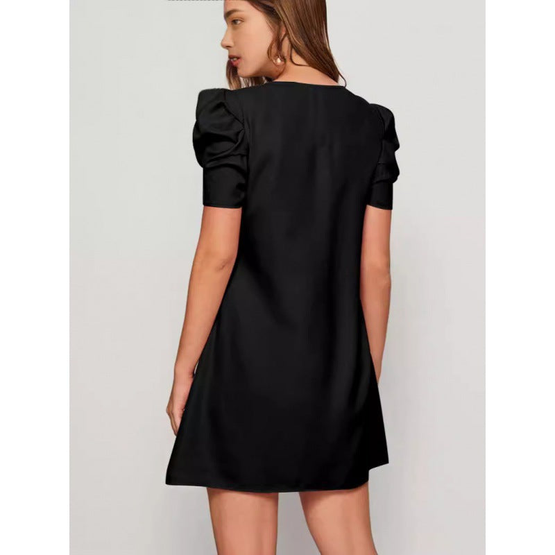 Damen lässiges Kurzarmkleid mit voluminösen Puffärmeln und lockerem Schnitt EB