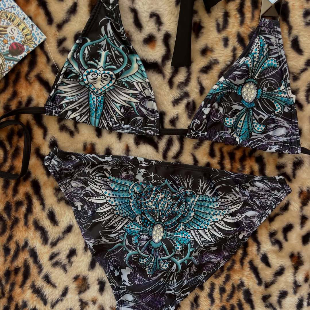 Damen Triangel-Bikini mit floralem Muster und Strass-Applikationen EB