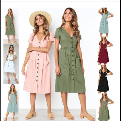 Damen Midi-Kleid mit Knopfleiste und praktischen Taschen EB