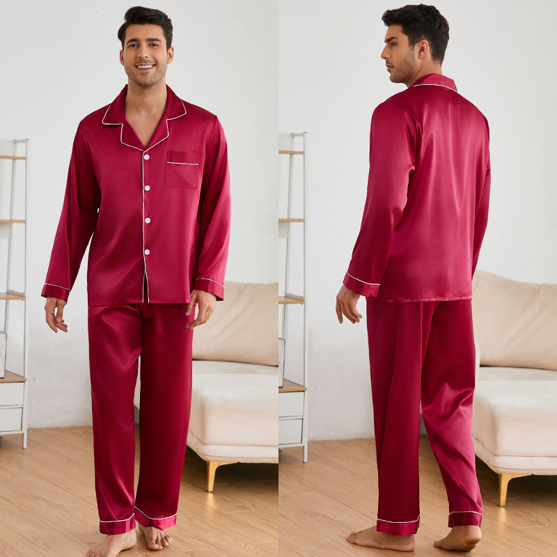 Herren Satin Schlafanzug-Set mit klassischem Kragen und eleganten Kontrastnähten EB