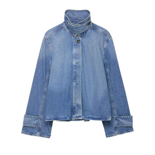 Damen nan cropped Boxy-Denimjacke mit hohem Wickel- bzw. Stehkragen und verdeckter Knopfleiste EB