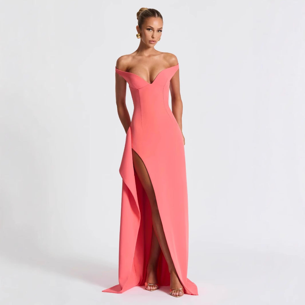 Damen Elegantes Maxikleid mit schulterfreiem Design und hohem Schlitz EB