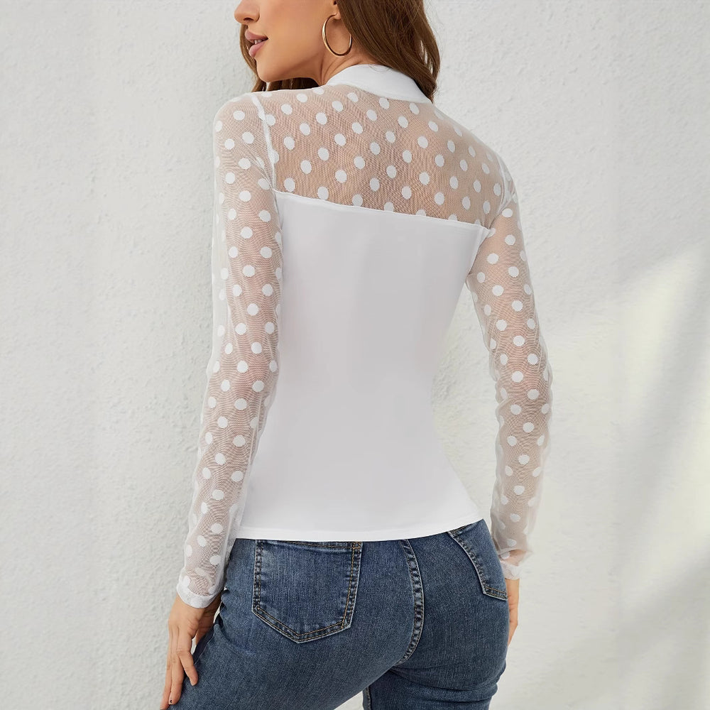 Damen Langärmliger Body mit transparenten Punkten und V-Ausschnitt EB