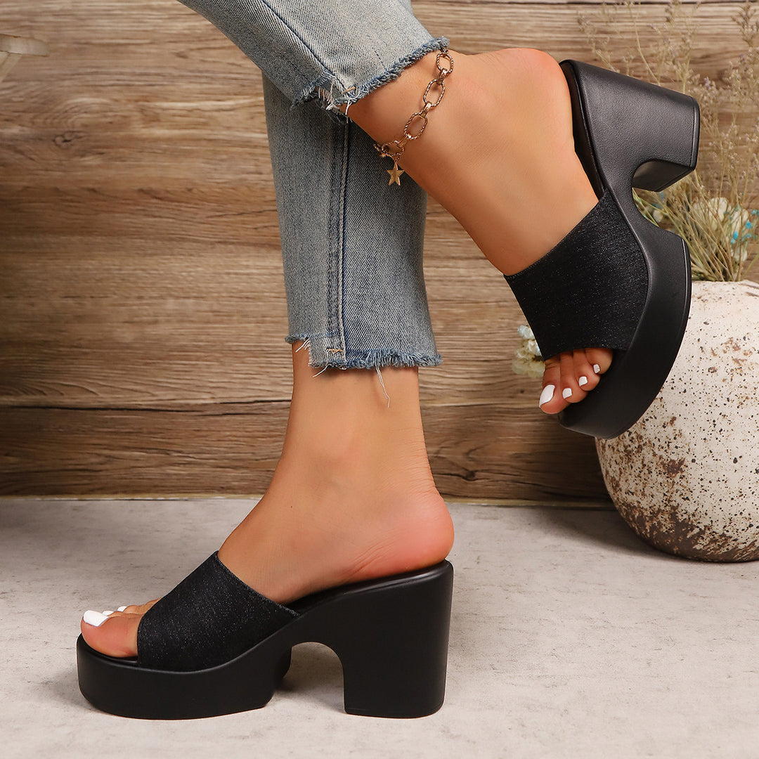 Damen Plateau-Pantoletten mit modischer Denim-Oberfläche und komfortablem Blockabsatz EB