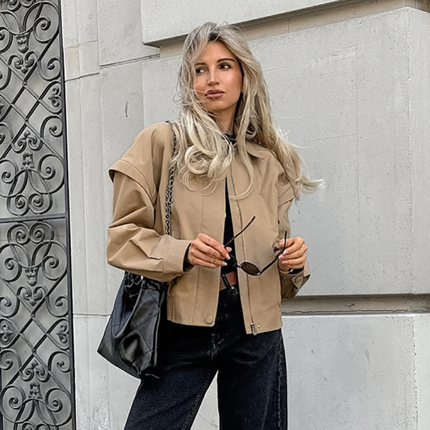 Damen Kurze Utility-Jacke mit voluminösen Ärmeln und praktischen Taschen EB