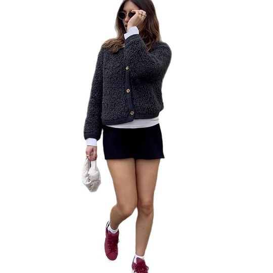 Damen kuschelige Fleecejacke mit Knöpfen und schickem Schnitt EB