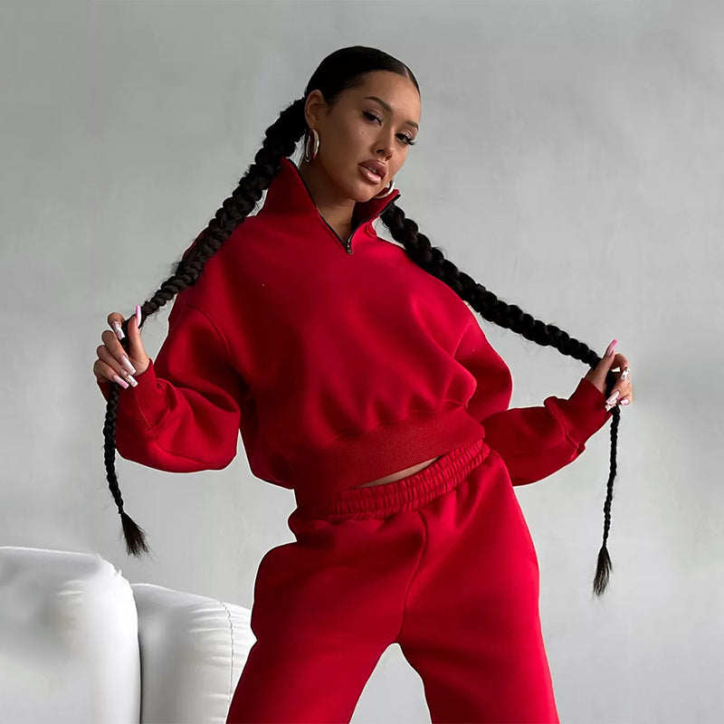 Damen Zweiteiliges Cropped-Halbzip-Sweatset mit Stehkragen und elastischer High-Waist-Jogginghose EB