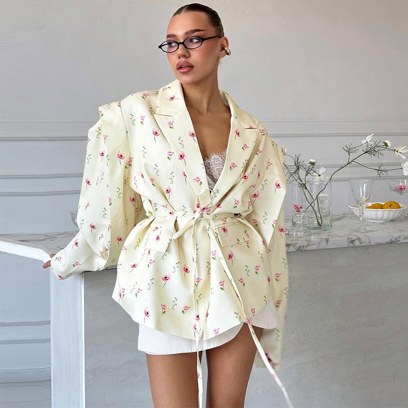 Damen Elegante Blazerjacke mit floralem Design und Taillengürtel EB