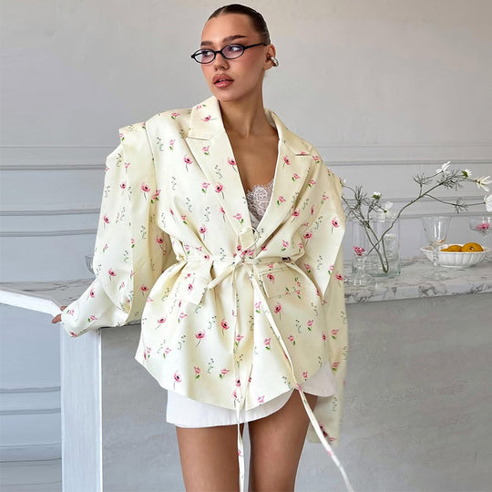 Damen Elegante Blazerjacke mit floralem Design und Taillengürtel EB