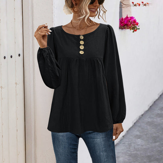 Damen Bluse mit Knopfdetails und voluminösen Ärmeln EB