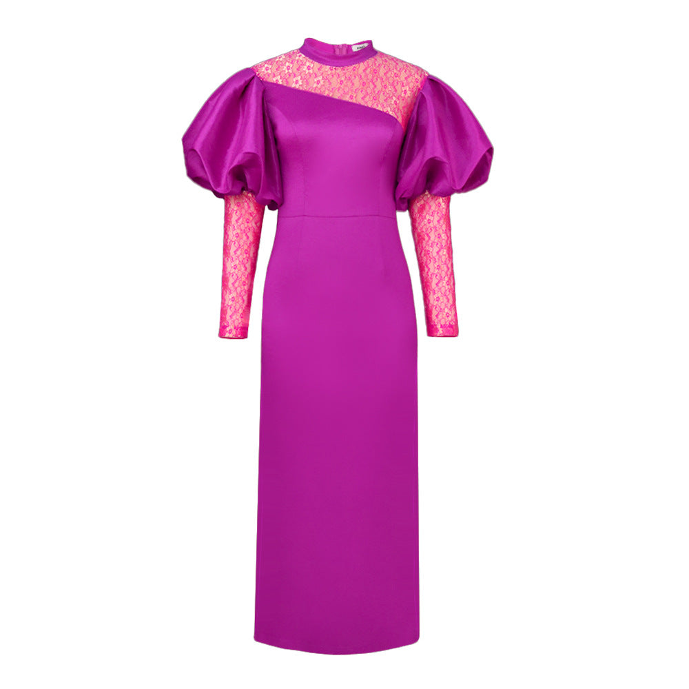Damen elegantes Abendkleid mit transparenten Puffärmeln und floralen Akzenten EB