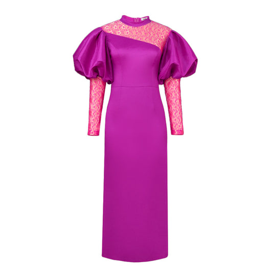 Damen elegantes Abendkleid mit transparenten Puffärmeln und floralen Akzenten EB