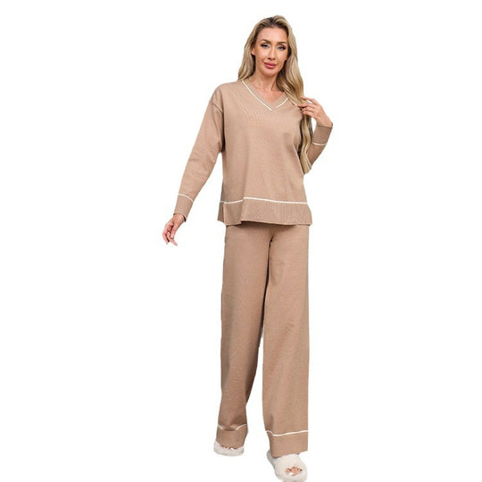 Damen entspannendes Loungewear-Set mit V-Ausschnitt und breiten Hosen EB