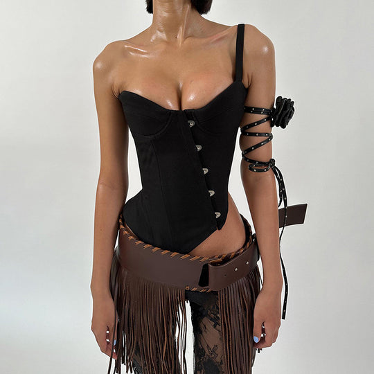 Damen Korsettoberteil mit asymmetrischem Design und Knopfverschluss EB
