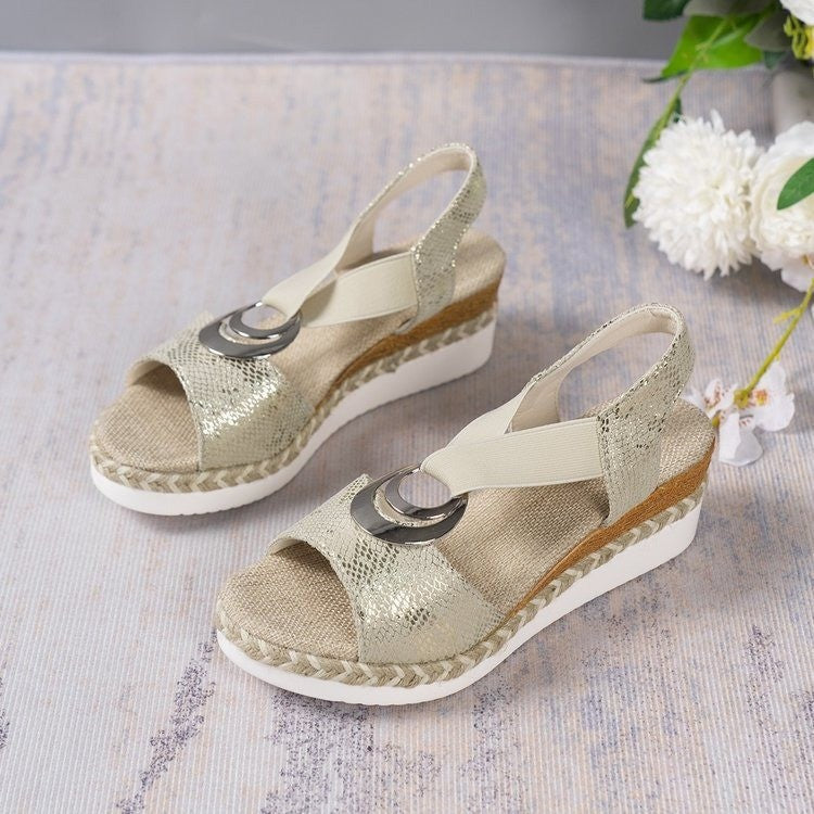 Damen Wedge-Sandalen mit dekorativem Ring und geflochtenem Riemendesign EB
