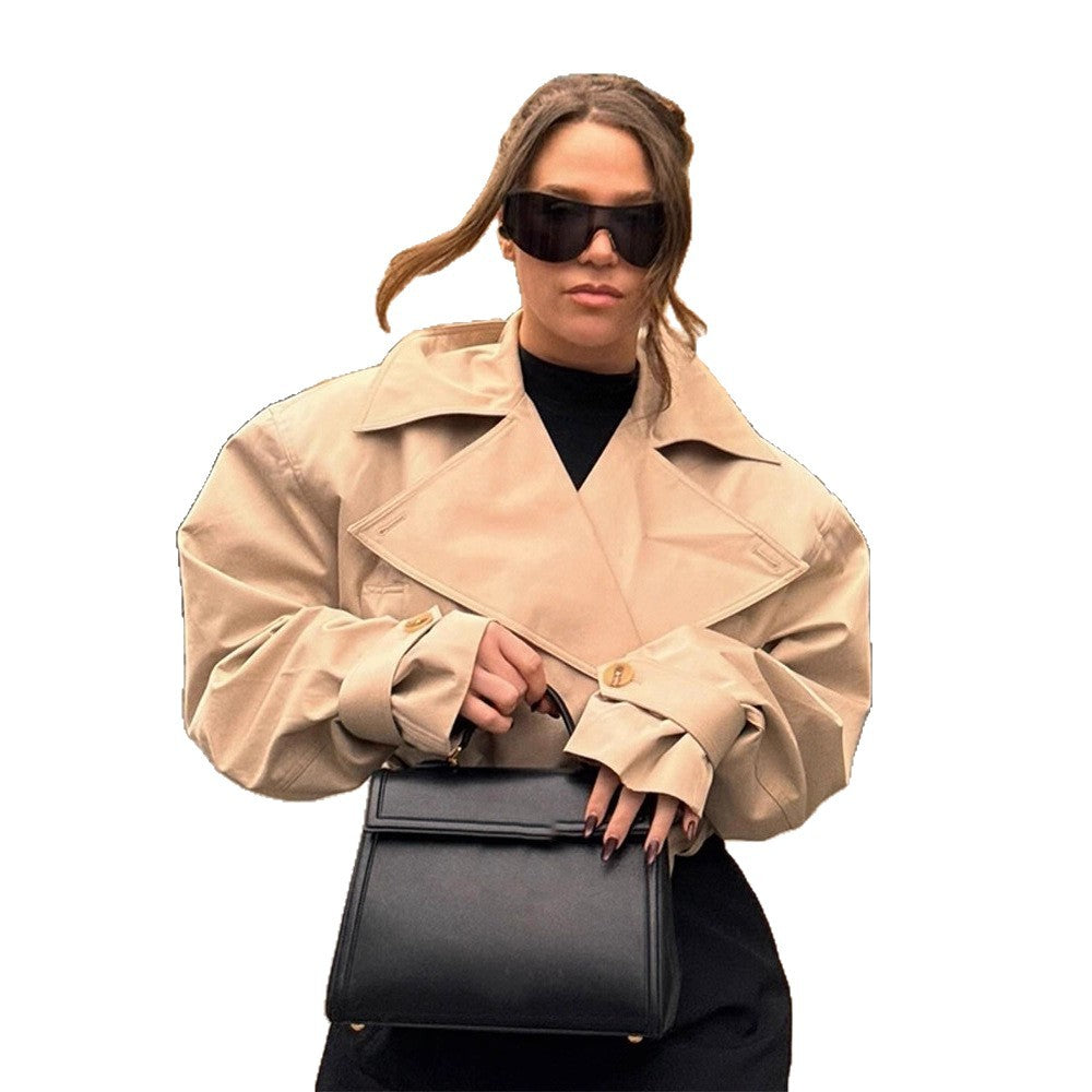 Damen Cropped Trenchcoat mit breitem Revers und Taillengürtel EB
