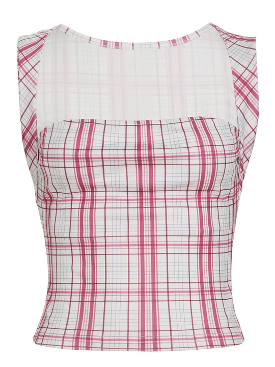 Damen figurbetontes Karo-Top mit elegantem Schnitt und transparenten Einsätzen EB