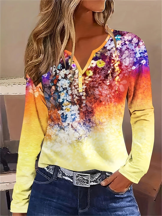 Damen Blütenmuster Langarmshirt mit Knopfleiste EB