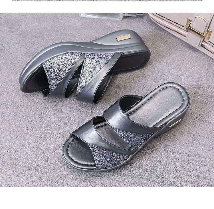 Damen modische Plateau-Sandalen mit Glitter und elastischen Riemen EB