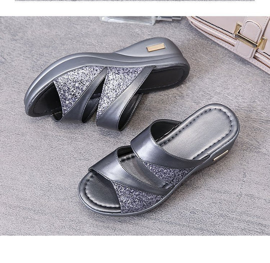 Damen modische Plateau-Sandalen mit Glitter und elastischen Riemen EB