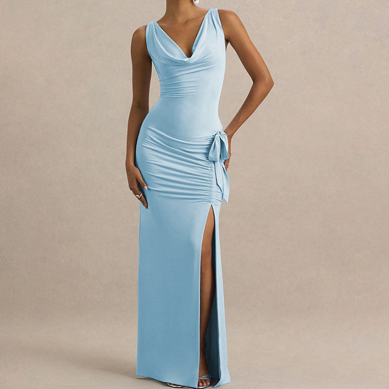 Damen Elegantes Maxikleid mit tiefem V-Ausschnitt und seitlicher Raffung EB