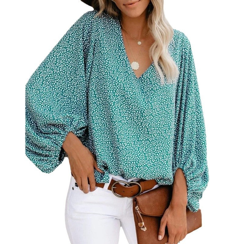 Damen Bluse mit weitem Puffärmel und eleganter V-Ausschnitt EB