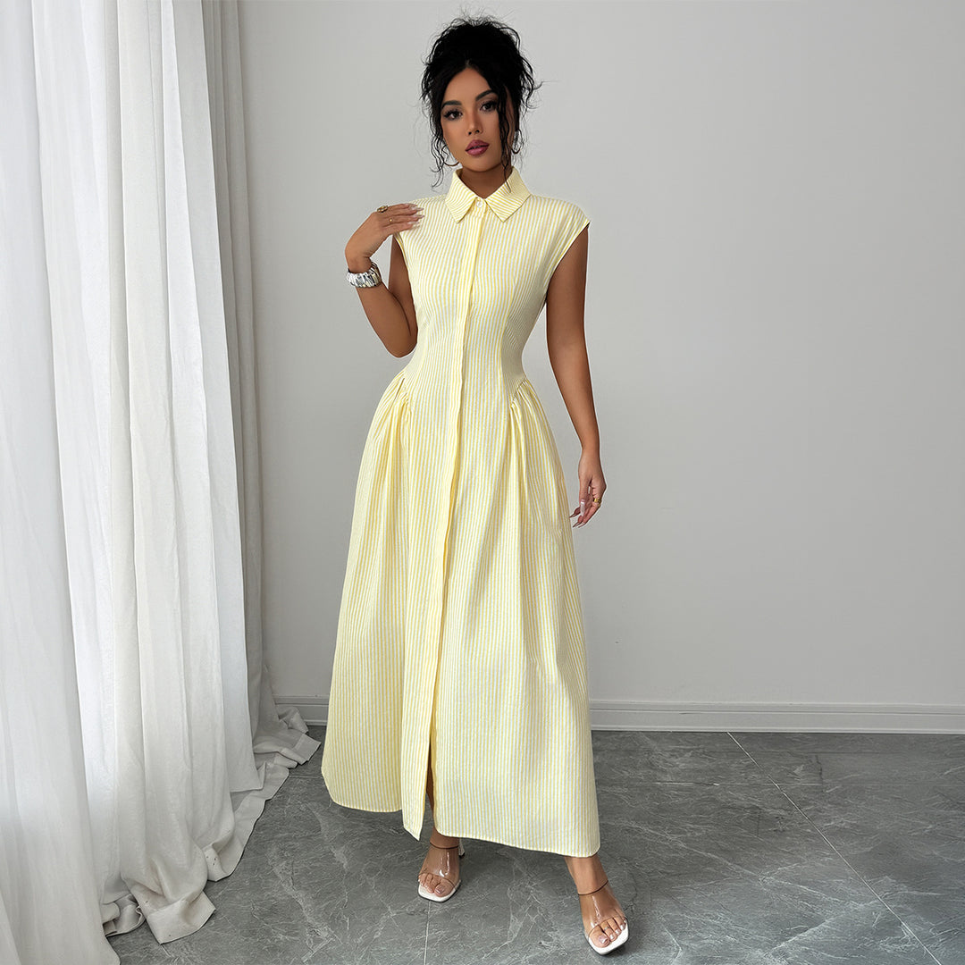 Damen Maxikleid mit klassischem Hemdblusen-Design und eleganten Falten EB