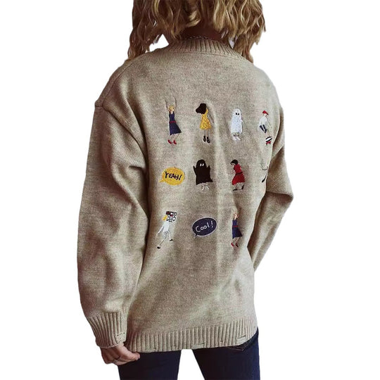 Damen pullover mit bunten Stickmotiven und lässigem Schnitt EB