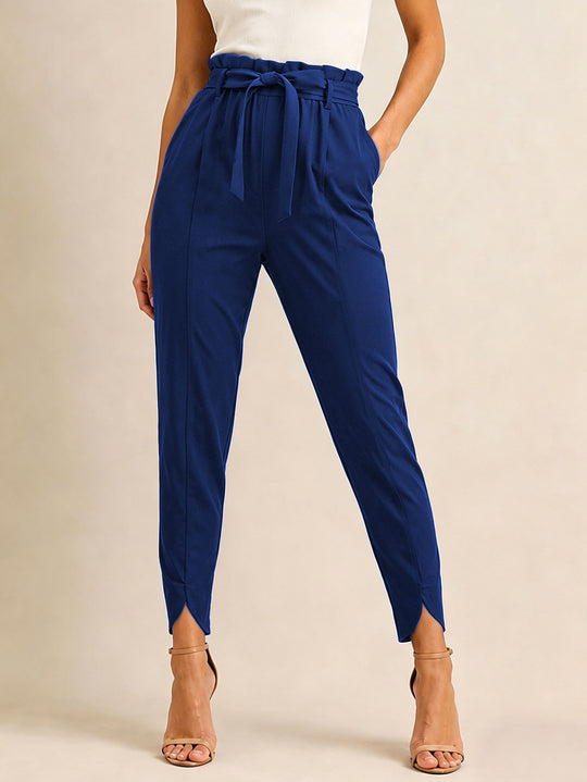 Damen nan hoch taillierte Paperbag-Hose mit Bindegürtel und geschlitztem Knöchelabschluss EB
