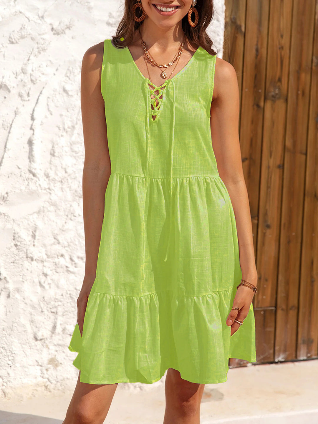 Damen lässiges Viskose-Kleid mit Schnürdetail und schwingendem Saum EB