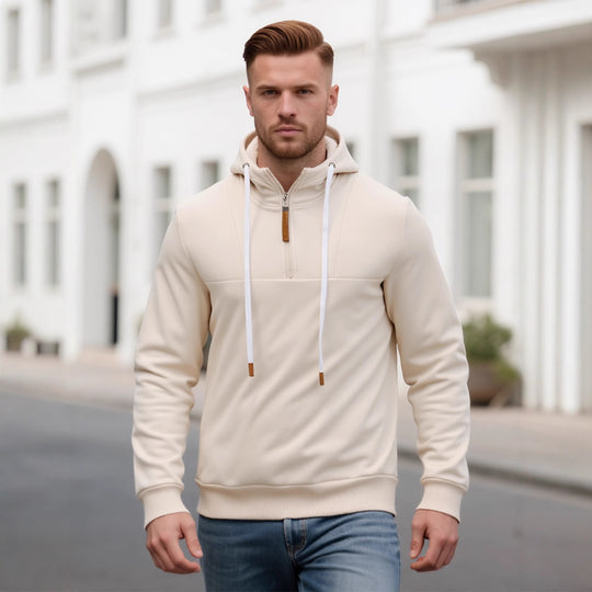 Herren Halbzip-Kapuzenpullover mit Stehkragen, Kordelzug und Lederdetails EB