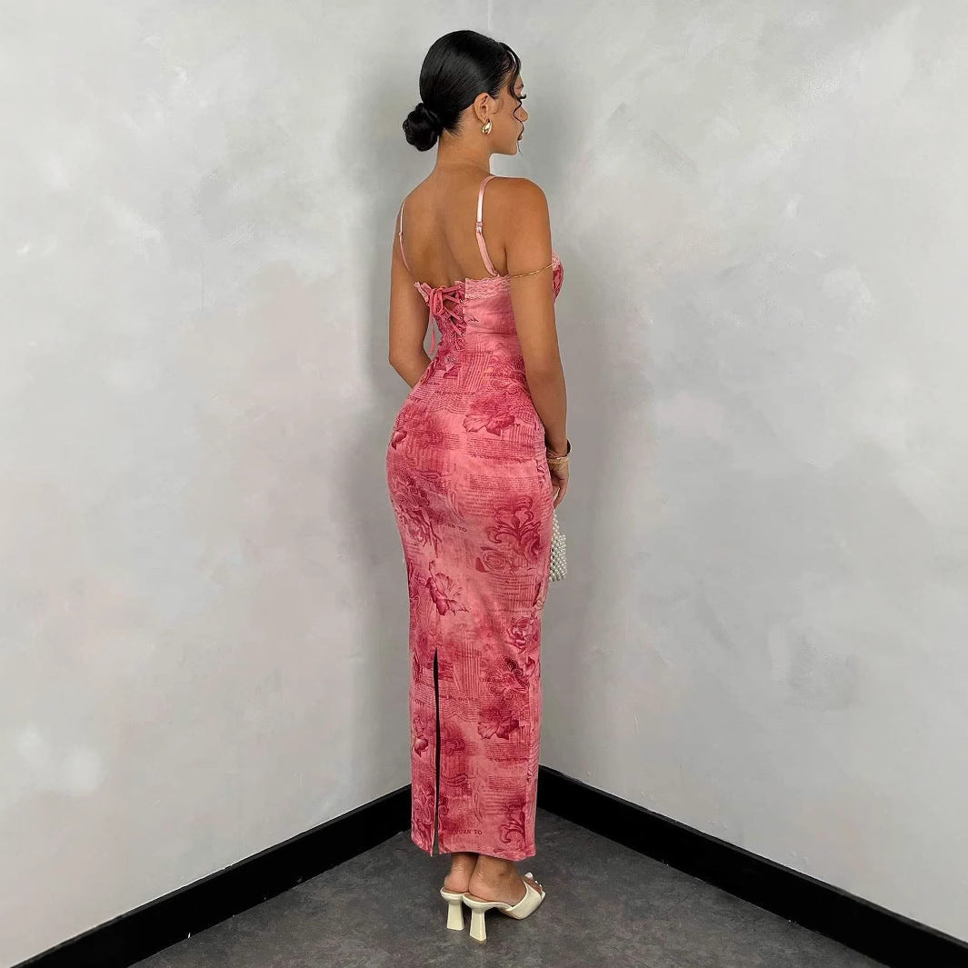 Damen Tailliertes Kleid mit trägerlosem Oberteil und floralem Muster EB
