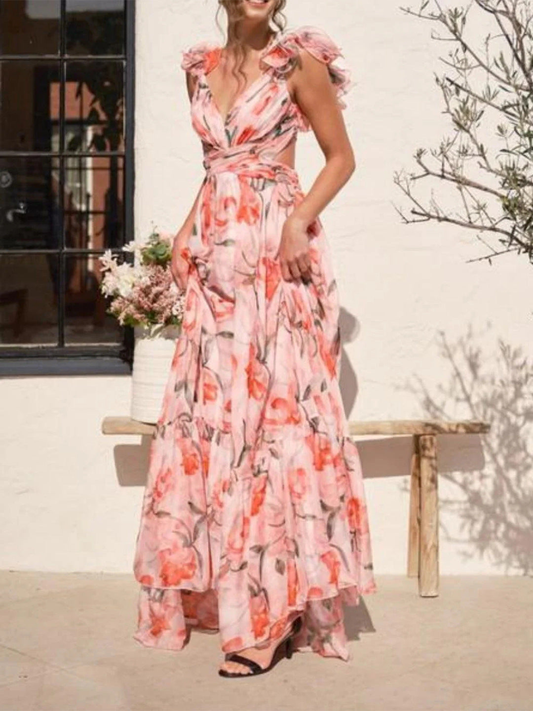 Damen Maxikleid mit luftigen Rüschendetails und ausgefallenem Wickeldesign EB