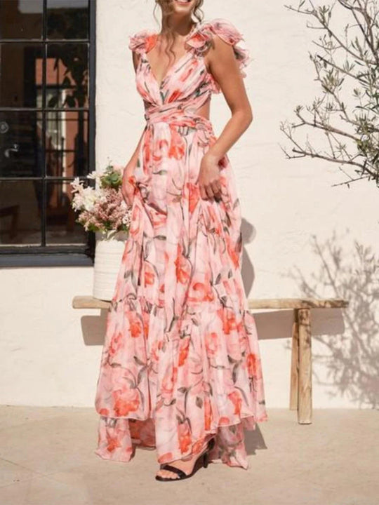 Damen Maxikleid mit luftigen Rüschendetails und ausgefallenem Wickeldesign EB