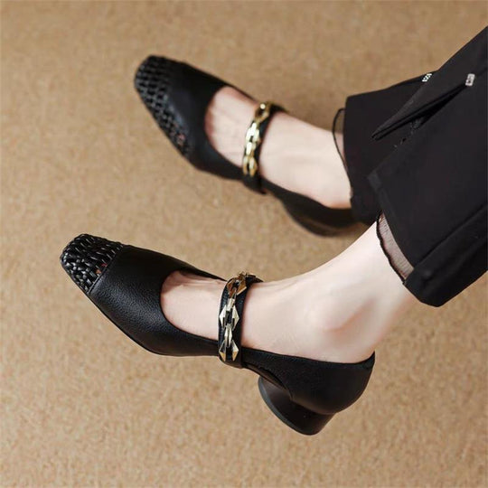 Damen elegante Ballerinas mit modischem Riemchen und stilvollem Absatz EB