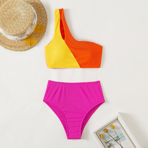 Damen Einseitiger Triangel-Bikini mit buntem Blockdesign EB