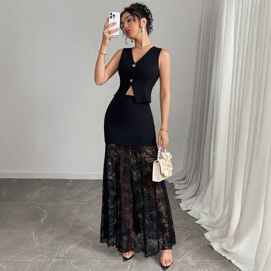 Damen nan zweiteiliges Abend-Set mit taillierter Weste und bodenlangem Spitzen-Overlay-Rock EB